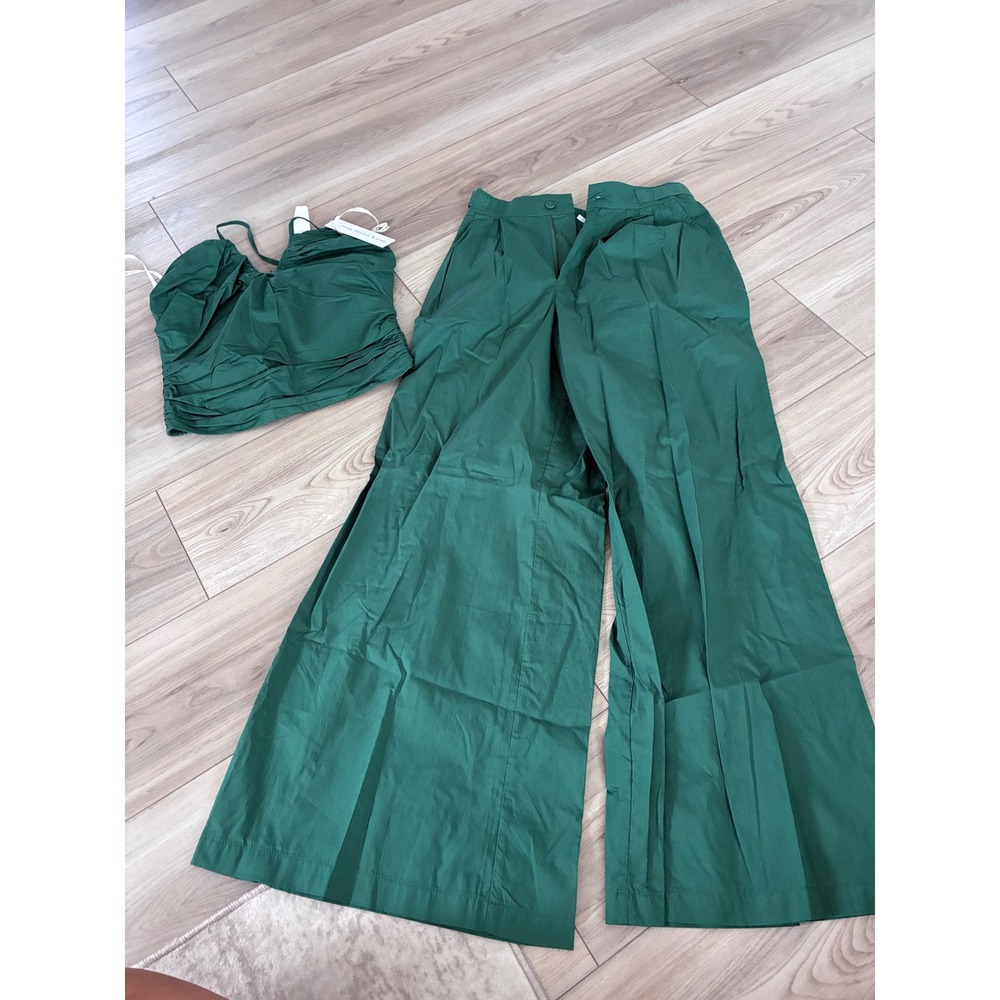 Young Fabulous & Broke Green Cotton Two Piece Set Ruched Top Wide Leg Pants NEW